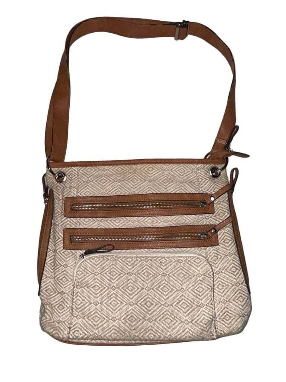 Bueno Crossbody Bag Multi-Pocket Beige Brown Zig Zag Woven